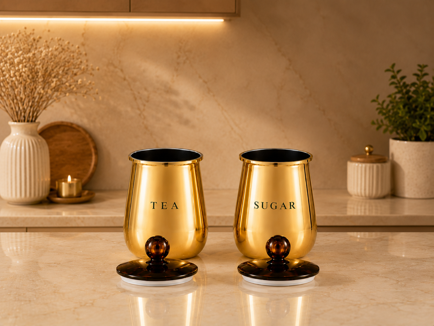 Premium Gold Tea & Sugar Storage Containers with Decorative Lids – Set of 2