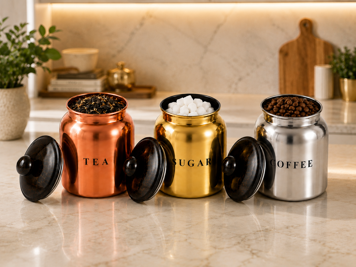 Multi Metal Tea Sugar Coffee Canister Set with Black Lids – Premium 3 Piece Kitchen Storage for Countertop, Pantry & Coffee Station