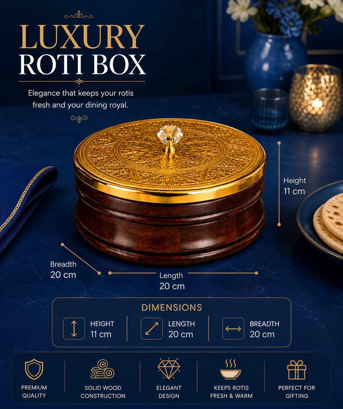 Luxury Designer Roti Box with Decorative Golden Lid | Premium Wooden Chapati Storage Container for Kitchen & Dining Table | Insulated Bread Keeper and Elegant Indian Serveware for Fresh Rotis