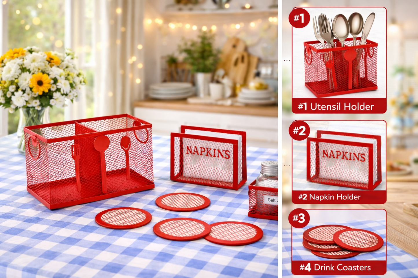 Red Metal Cutlery Holder Set for Kitchen Counter & Dining Table | Mesh Kitchen Organizer Basket with Napkin Holder, Salt Pepper Holder & Coasters | Modern Kitchen Accessories Combo for Spoon Fork Storage