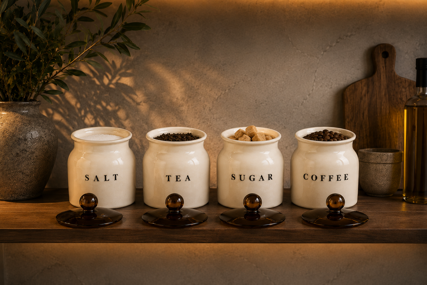 Glossy White Metal Salt Tea Sugar Coffee Container Set with Black Lids – 4 Piece Kitchen Storage Canisters for Pantry, Shelf & Countertop