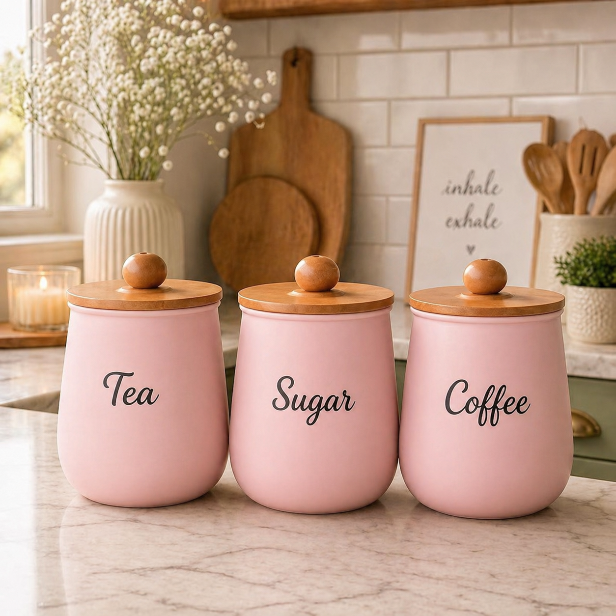 Pink Kitchen Canister Set with Wooden Lids
