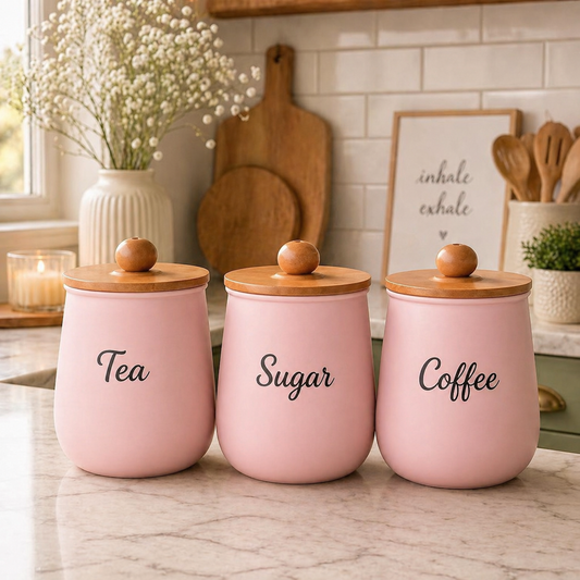 Pink Kitchen Canister Set with Wooden Lids