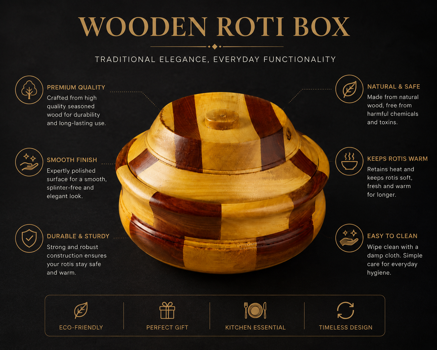 Premium Dual-Tone Wooden Roti Box with Lid for Chapati, Paratha and Bread Storage