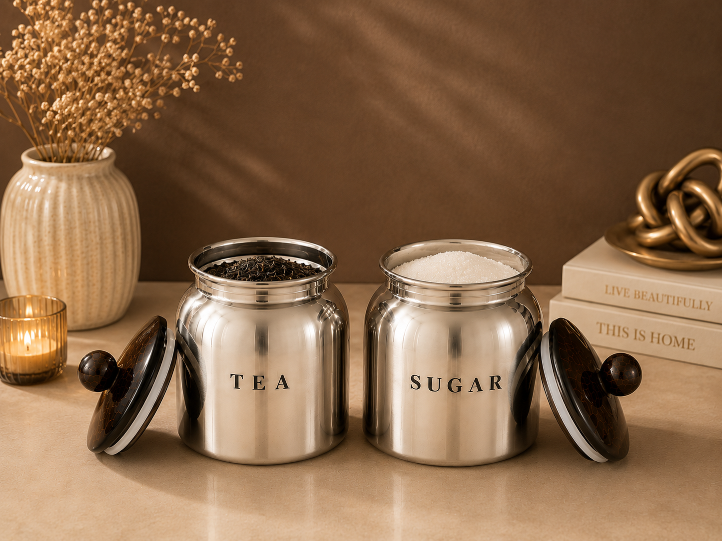 Glossy Silver Metal Tea Sugar Container Set with Wooden Look Lids – Premium Kitchen Storage Canisters for Countertop, Pantry & Tea Station