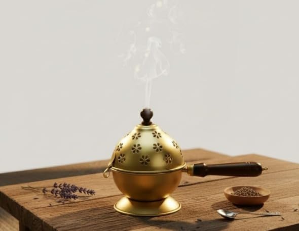 Metal Loban Burner with Wooden Handle | Golden Dhoop Dani Incense Burner | Pooja Samagri for Home, Temple, Meditation & Aromatherapy