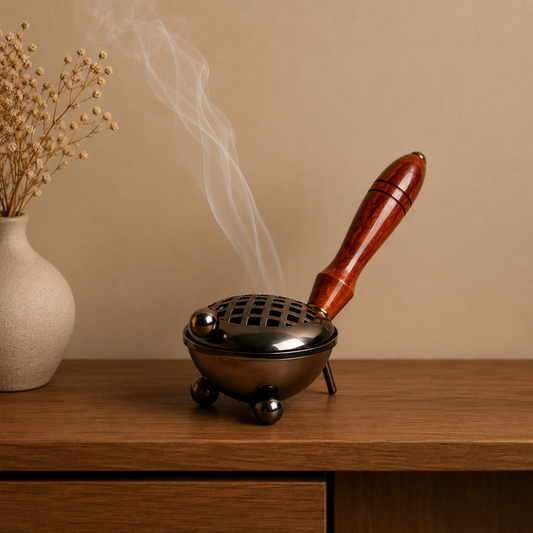 Metal Incense Burner with Wooden Handle | Stylish Loban, Bakhoor & Dhoop Holder for Home Décor, Mandir & Meditation Space