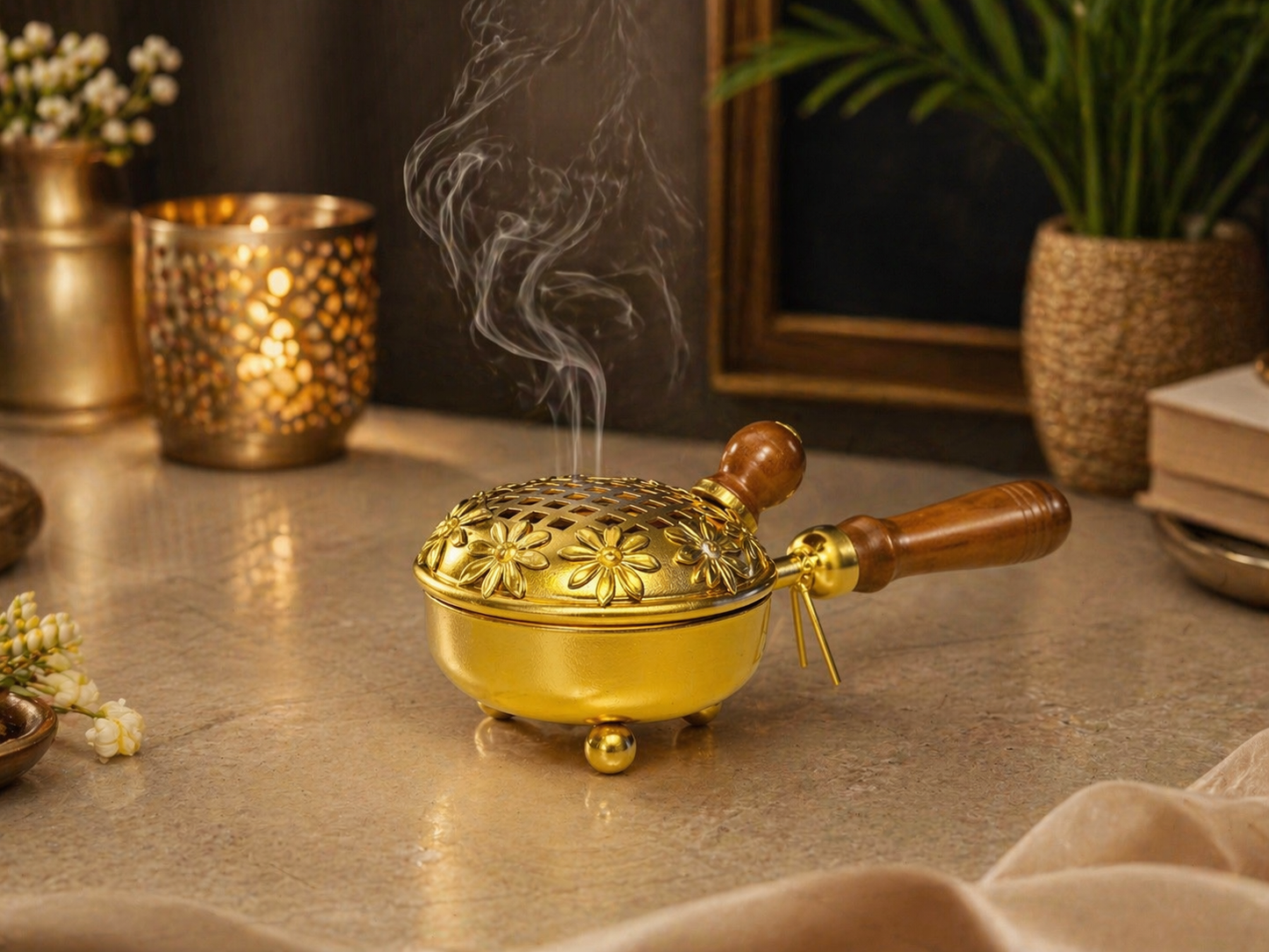 Metal Floral Design Loban Burner | Premium Golden Incense Dhoop Dani with Wooden Handle | Elegant Home Temple & Aromatherapy Decor