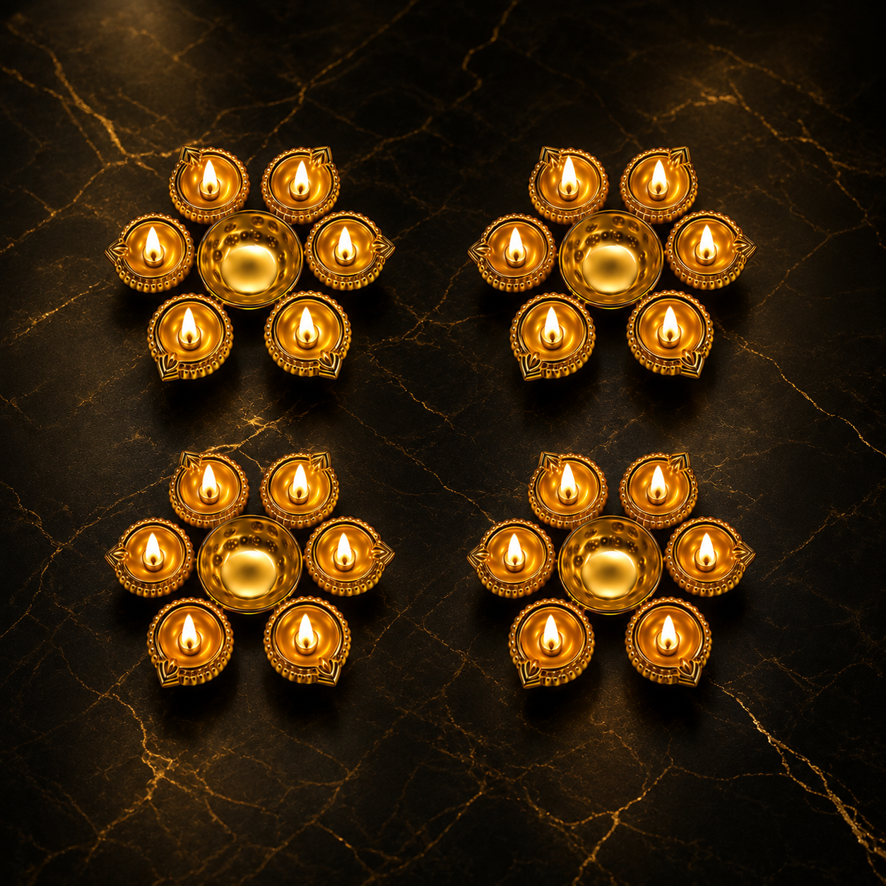 Luxury Golden Metal Diya Urli Set (Pack of 4) | Decorative Flower Urli Bowl with 6 Diyas | Diwali, Pooja & Festive Home Decor