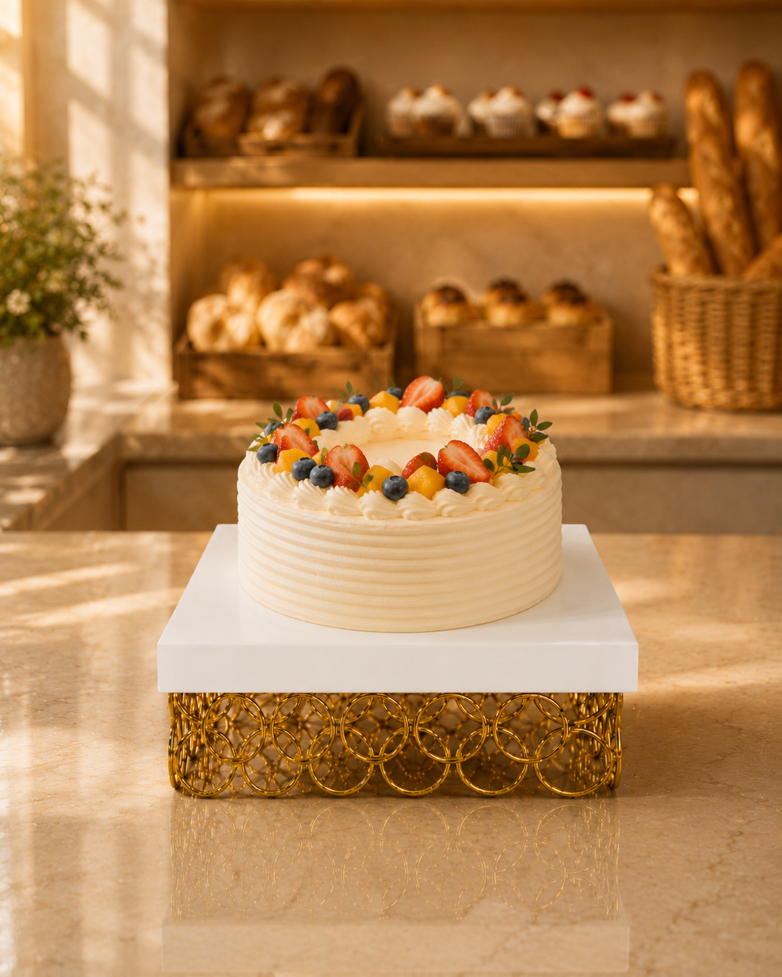 White Square Metal Cake Stand with Golden Ring Base – Premium Dessert Display Stand for Cake, Cupcakes, Sweets, Party & Table Decor
