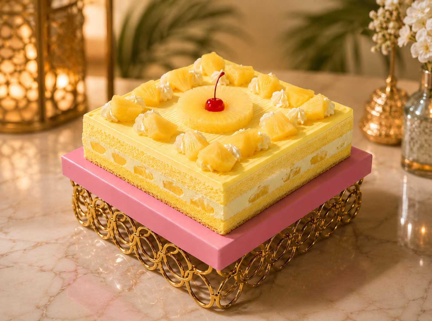 Pink Square Metal Cake Stand with Golden Ring Base – Premium Dessert Display Stand for Cake, Cupcakes, Sweets, Party & Table Decor
