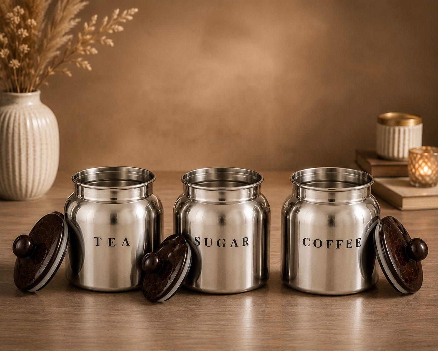 Premium Silver Metal Tea Sugar Coffee Canister Set with Wooden-Style Lids – Luxury Kitchen Countertop Storage for Pantry, Tea Station & Coffee Bar