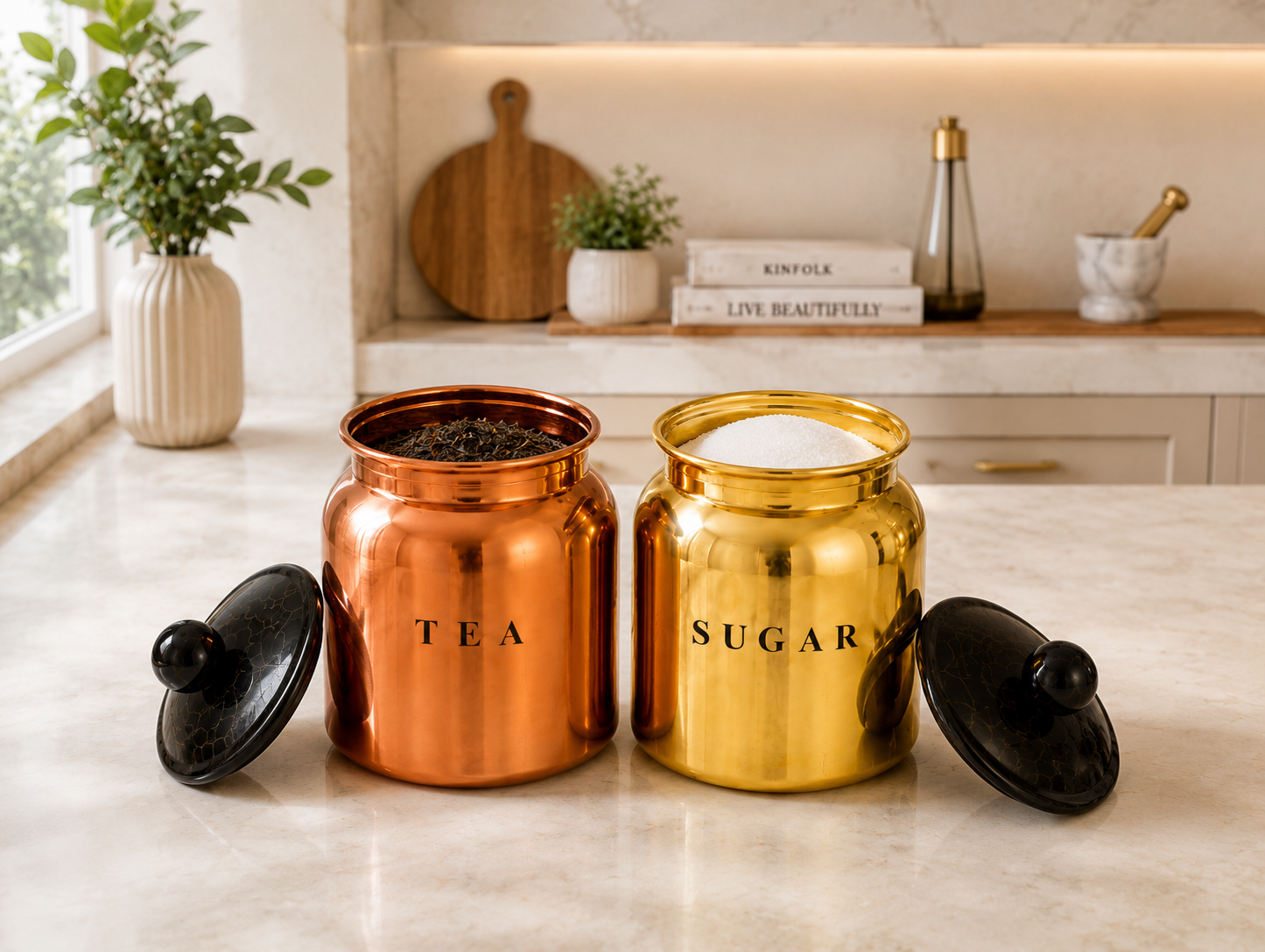 Metal Multi  Tea Sugar Container Set with Black Lids – Premium 2 Piece Kitchen Storage Canisters for Countertop, Pantry & Tea Station