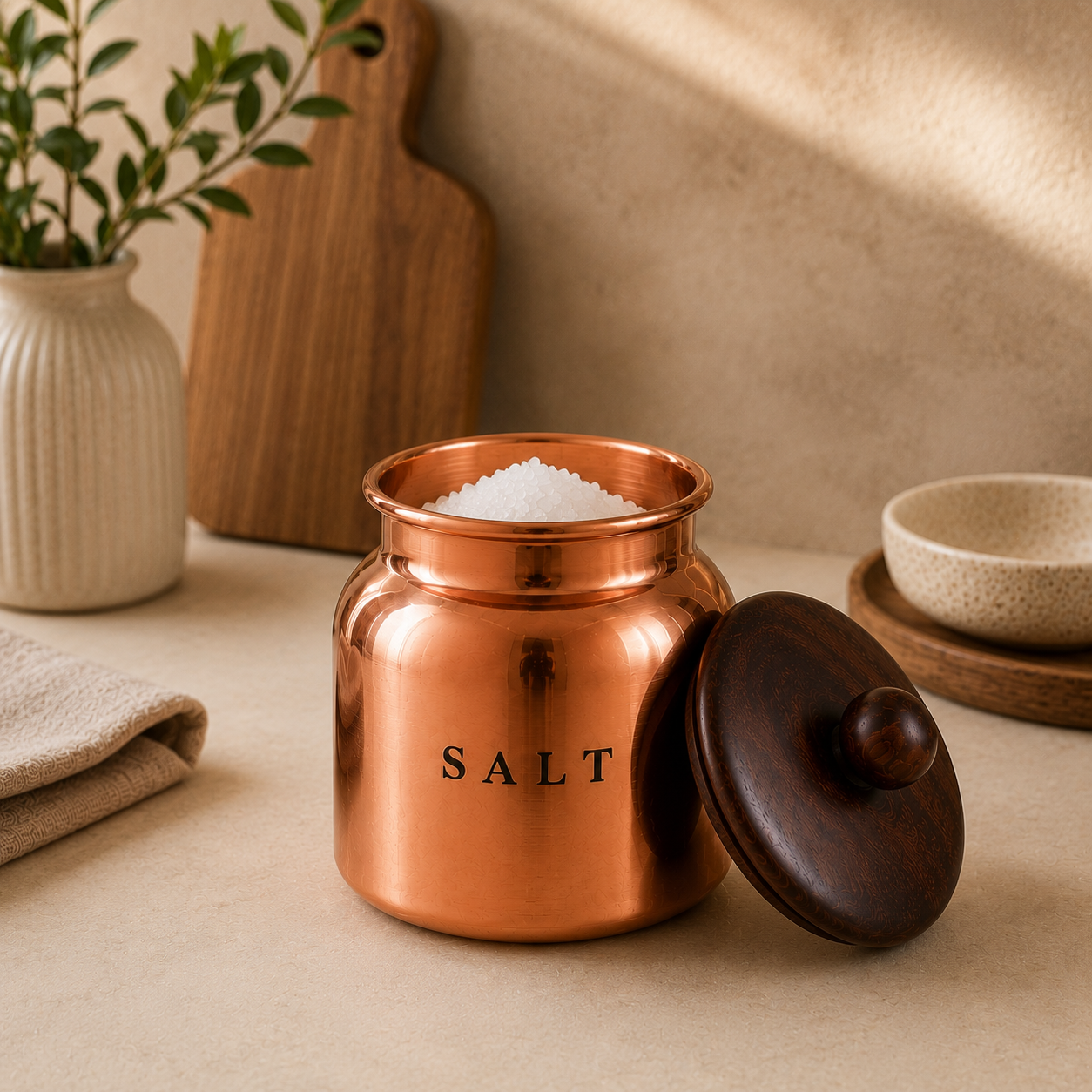Metal Salt Canister with Wooden-Style Lid – Premium Kitchen Storage Container for Countertop, Pantry, Spices & Dry Food