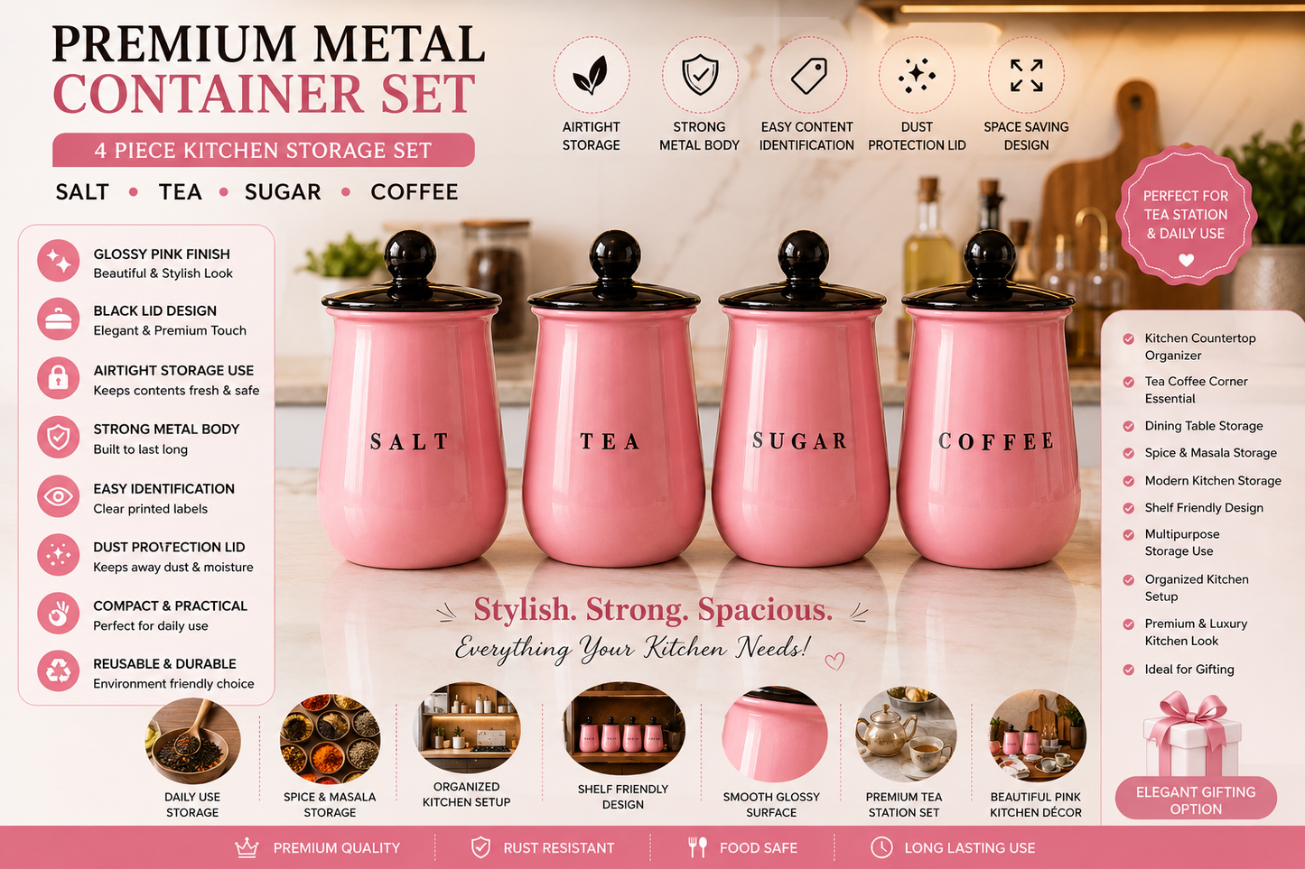 Glossy Pink Metal Salt Tea Sugar Coffee Container Set with Black Lids – 4 Piece Kitchen Storage Canisters for Countertop, Pantry & Tea Coffee Station