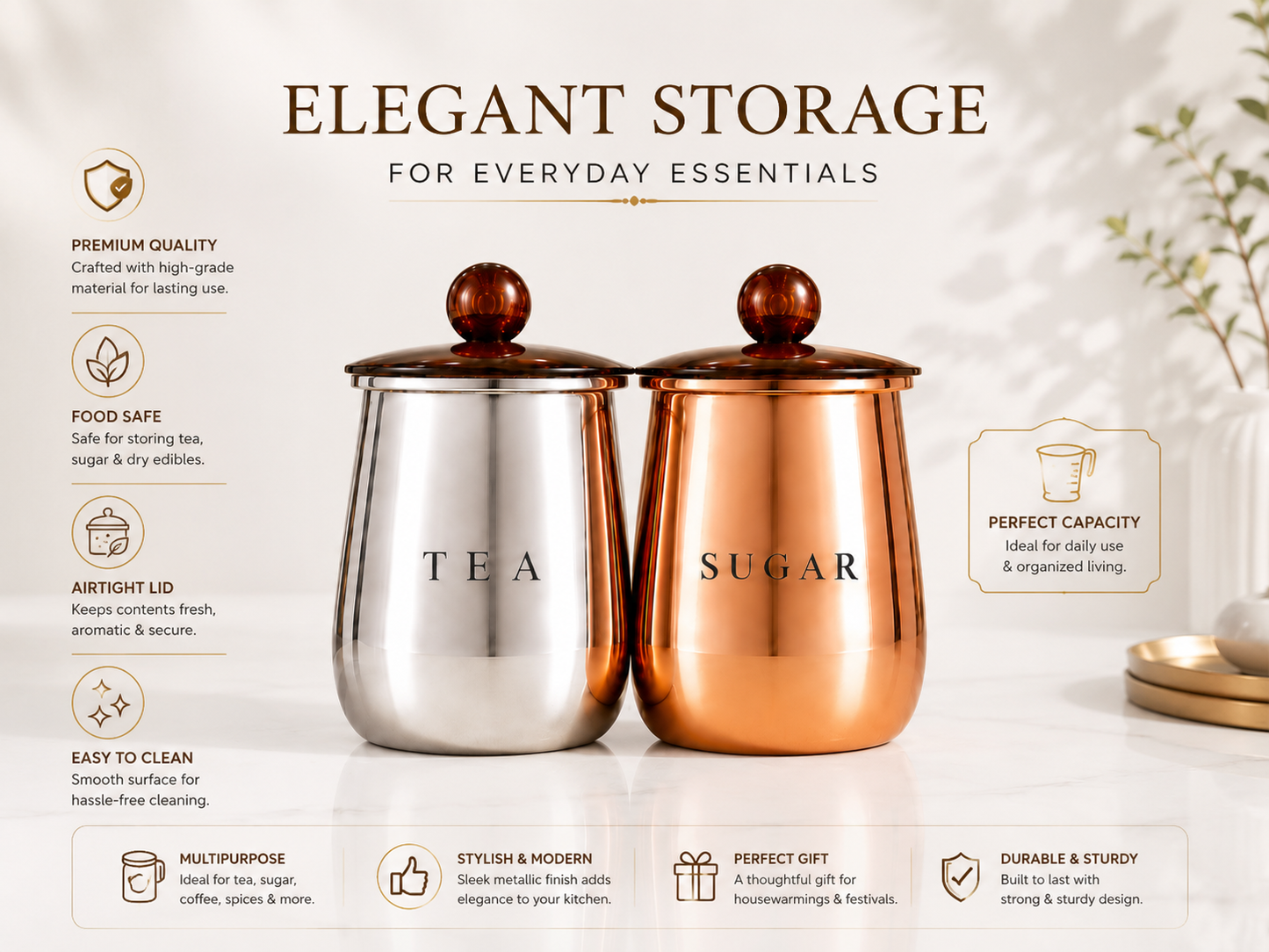 Premium Silver and Copper-Finish Metal Tea Sugar Storage Container Set of 2 with Decorative Knob Lids