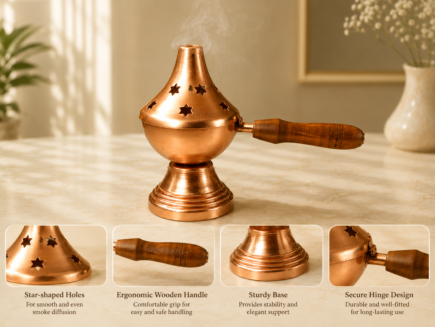 Temple Style Metal Loban Burner with Wooden Handle