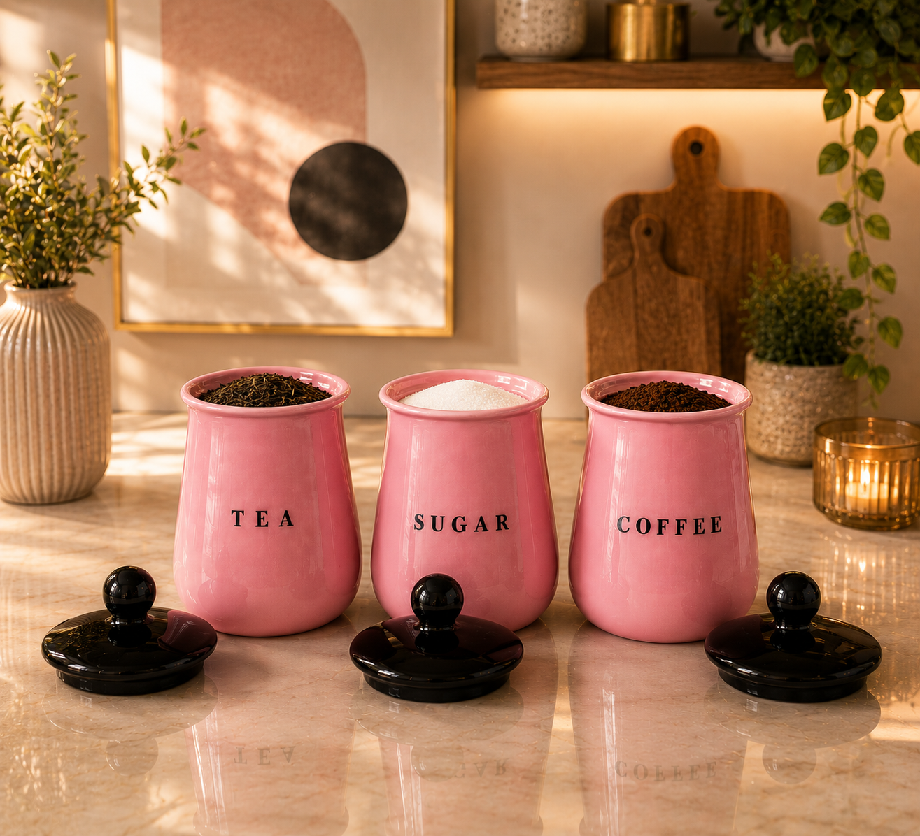 Glossy Pink Metal Tea Sugar Coffee Container Set with Black Lids – Premium Kitchen Storage Canisters for Countertop, Pantry & Coffee Station