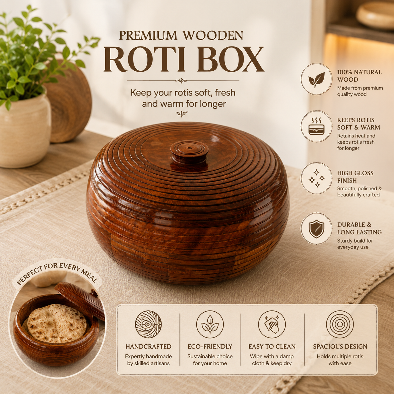 Premium Round Roti Box with Lid – Brown Chapati Storage Container for Kitchen and Dining Table