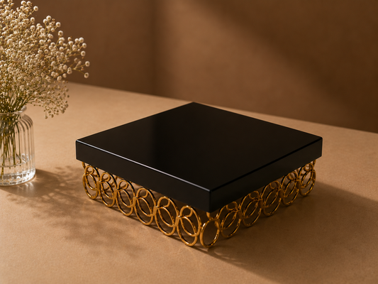 Black Square Metal Cake Stand with Golden Ring Base – Premium Dessert Display Stand for Cake, Cupcakes, Sweets, Party & Table Decor