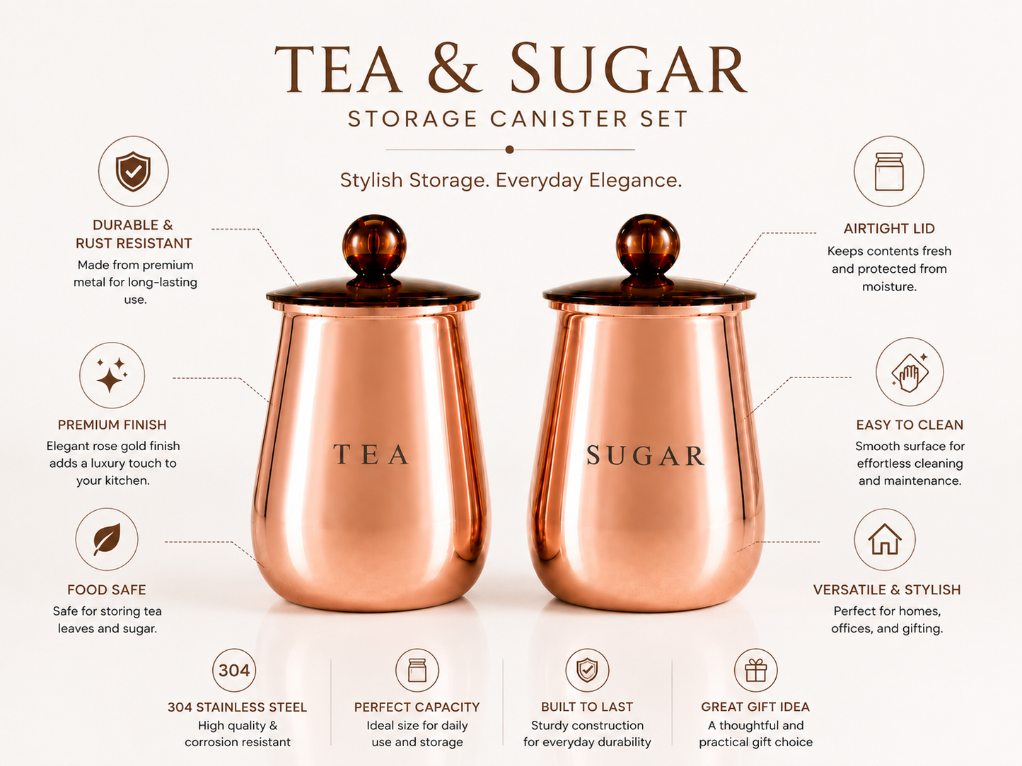 Premium Rose Gold Tea & Sugar Storage Containers with Removable Lids – Set of 2