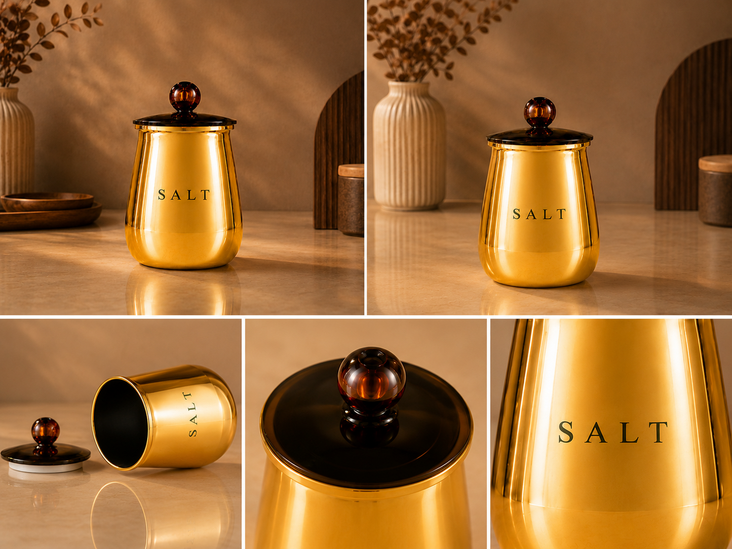 Premium Gold Metal Salt Storage Container with Decorative Knob Lid for Kitchen Counter