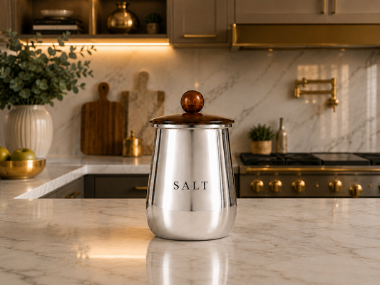 Premium Silver Metal Salt Storage Container with Decorative Knob Lid for Kitchen Counter