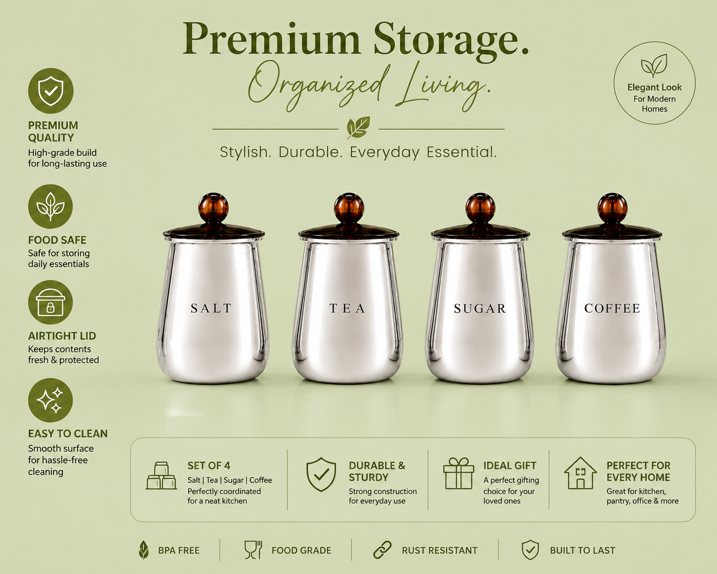 Premium Silver Salt Tea Sugar Coffee Storage Containers with Lids – Set of 4