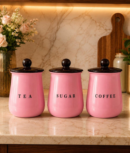 Glossy Pink Metal Tea Sugar Coffee Container Set with Black Lids – Premium Kitchen Storage Canisters for Countertop, Pantry & Coffee Station