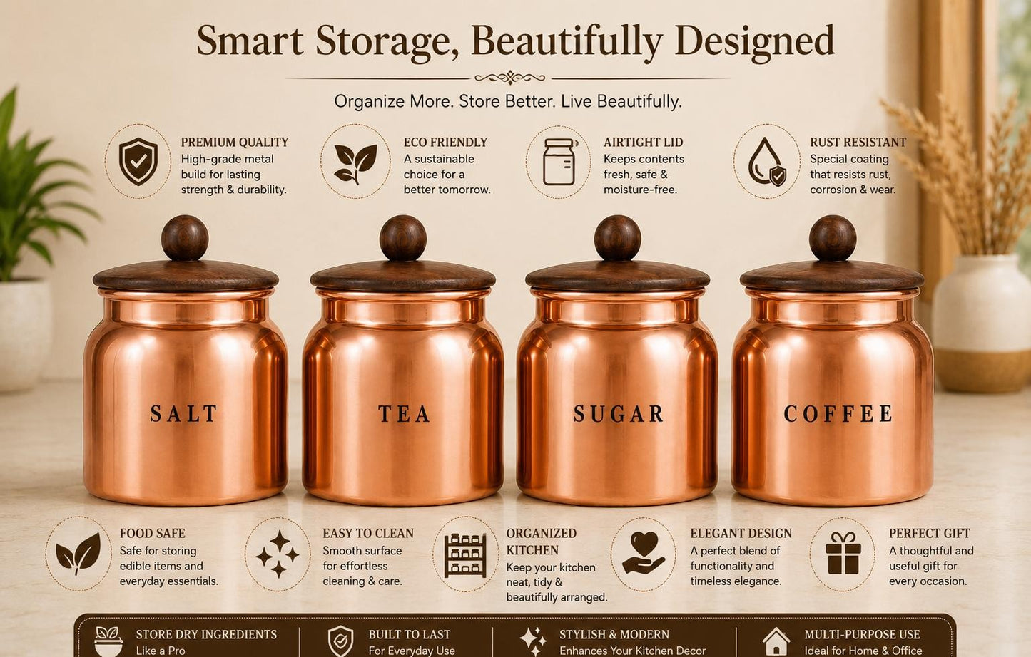 Salt Metal Tea Sugar Coffee Canister Set with Wooden-Style Lids – Premium 4 Piece Kitchen Storage for Countertop, Pantry & Coffee Station