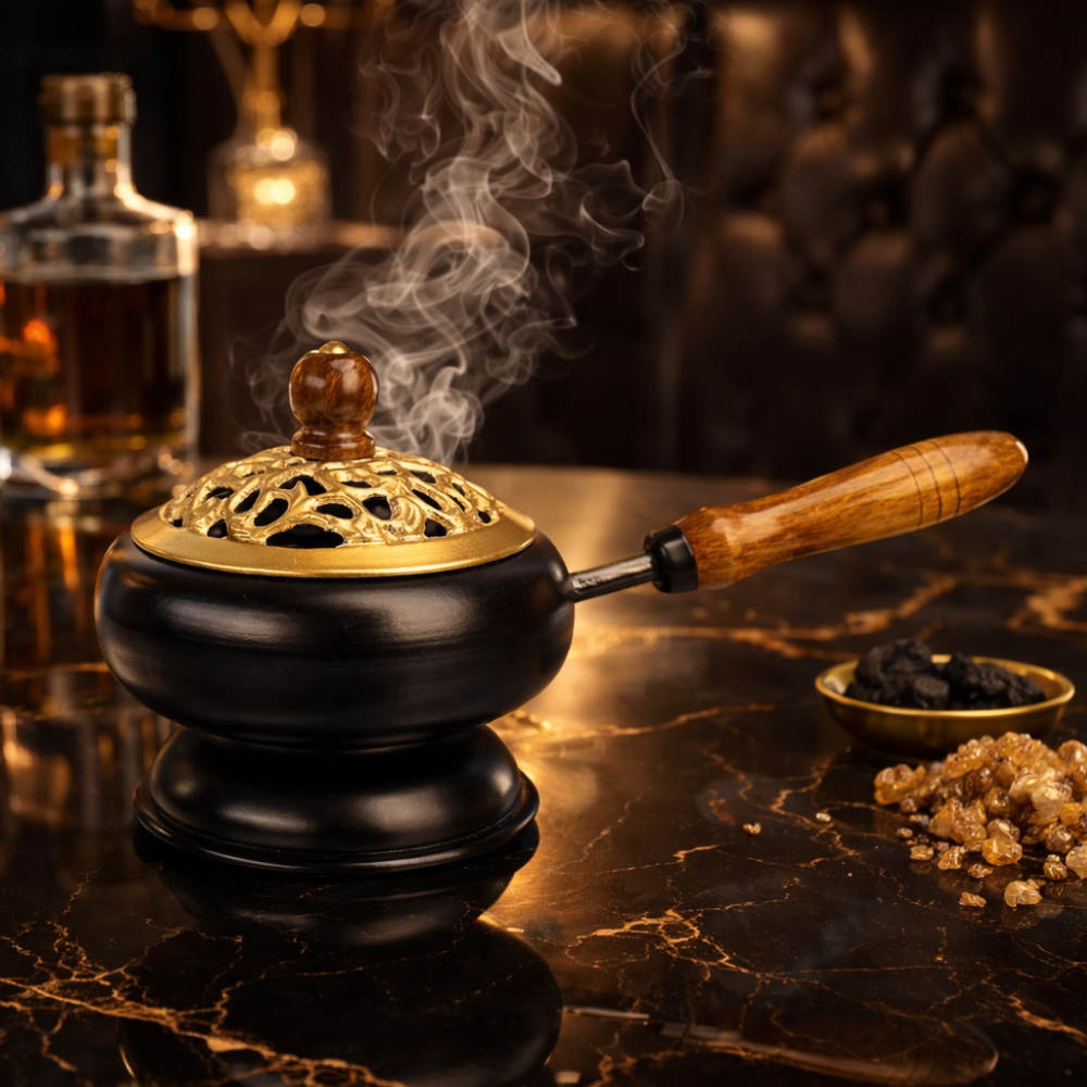 Premium Metal Loban Burner with Wooden Handle | Traditional Dhoop Dani for Home Fragrance & Pooja
