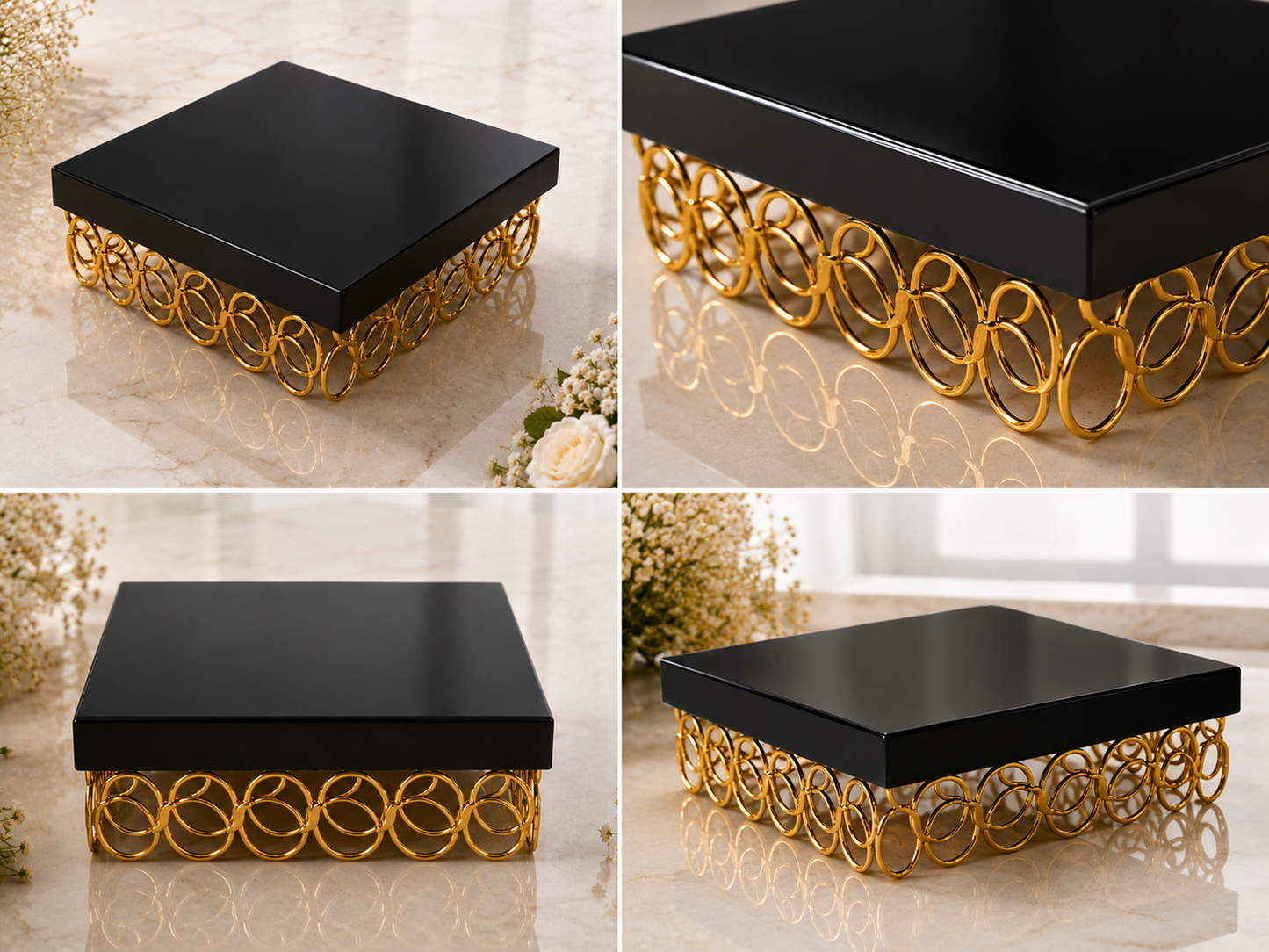 Black Square Metal Cake Stand with Golden Ring Base – Premium Dessert Display Stand for Cake, Cupcakes, Sweets, Party & Table Decor