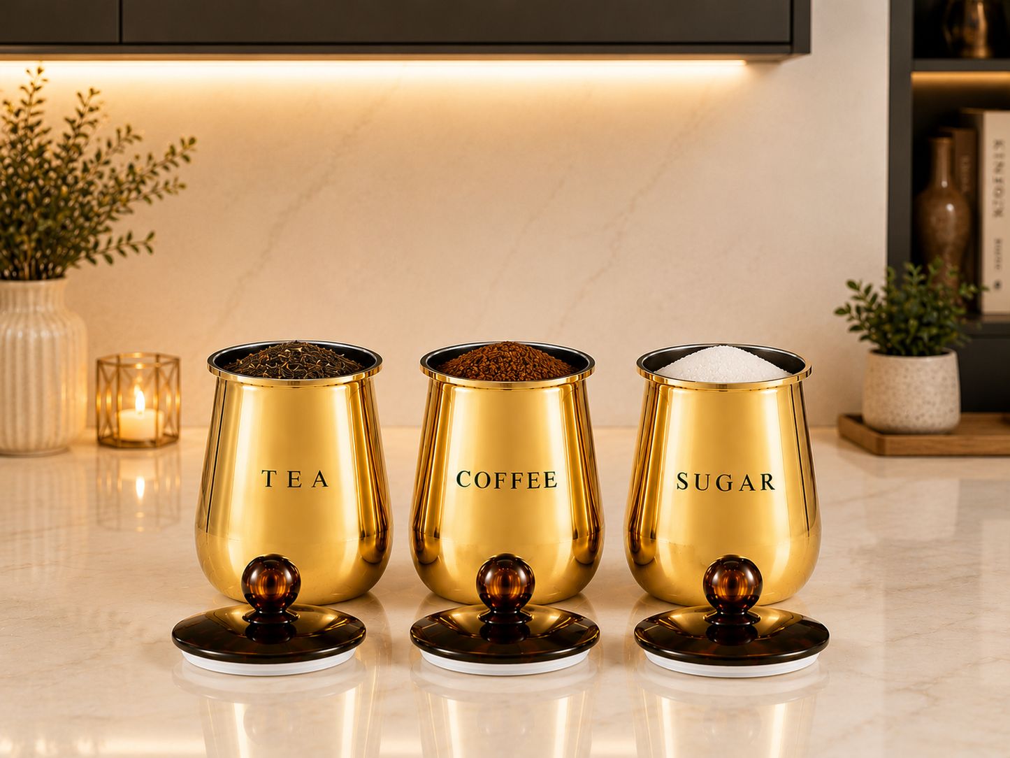 Premium Gold Metal Tea Coffee Sugar Storage Container Set of 3 with Decorative Knob Lids