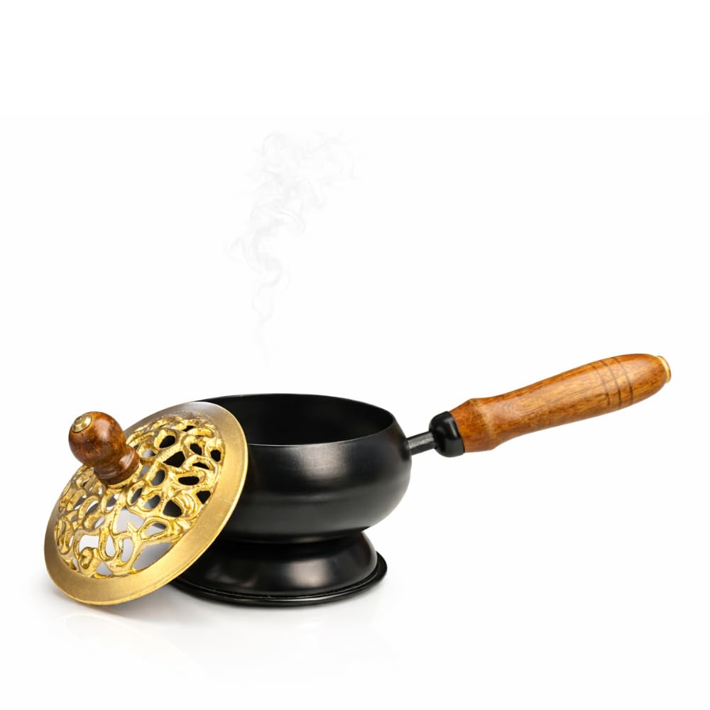 Premium Metal Loban Burner with Wooden Handle | Traditional Dhoop Dani for Home Fragrance & Pooja