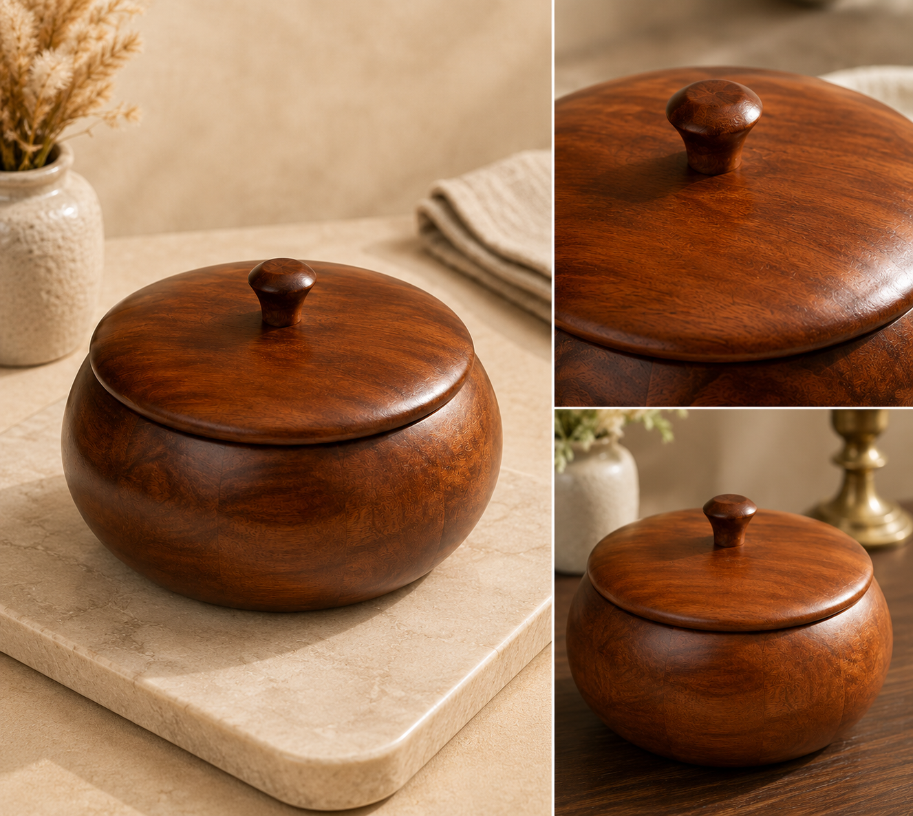 Premium Round Wooden Roti Box with Knob Lid for Chapati, Paratha and Bread Storage
