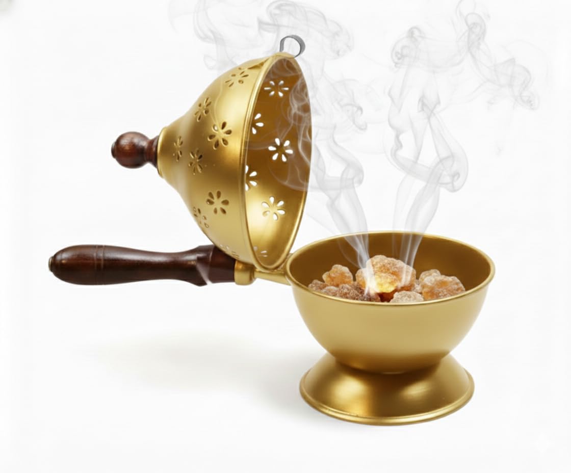 Metal Loban Burner with Wooden Handle | Golden Dhoop Dani Incense Burner | Pooja Samagri for Home, Temple, Meditation & Aromatherapy