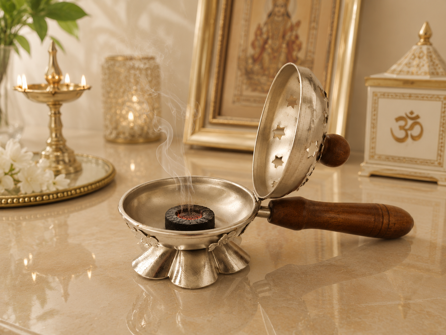 Floral Lid Metal Loban Burner with Wooden Handle