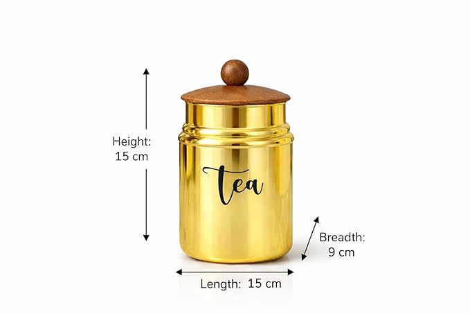 Gold Metal Kitchen Storage Canister Set with Wooden Lids – Tea, Sugar & Coffee Containers, Airtight Food Storage Jars for Modern Countertop Decor