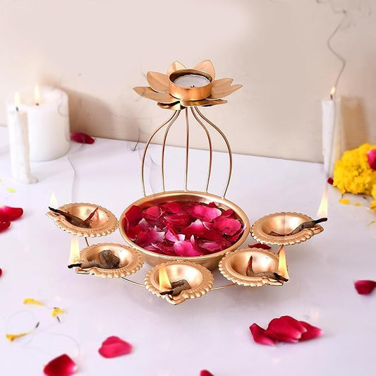 Elegant Lotus Metal Urli with Diyas & Floating Flower Bowl – Luxury Decorative Metal Urli for Diwali, Pooja, Mandir Decoration, Festive Table Centerpiece & Spiritual Home Decor