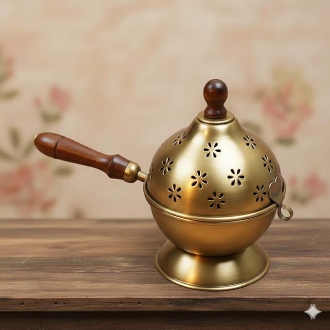 Metal Loban Burner with Wooden Handle | Golden Dhoop Dani Incense Burner | Pooja Samagri for Home, Temple, Meditation & Aromatherapy