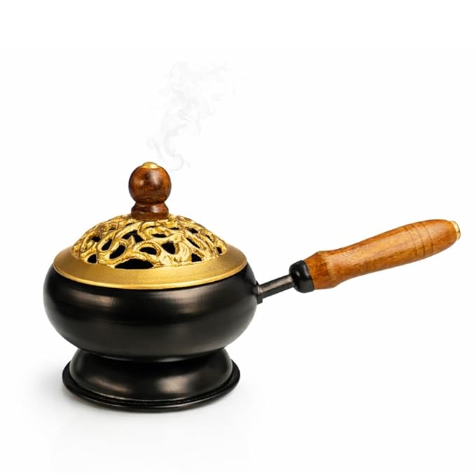 Premium Metal Loban Burner with Wooden Handle | Traditional Dhoop Dani for Home Fragrance & Pooja