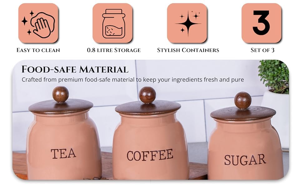 Premium Metal Storage Jars Set of 3 for Tea Coffee Sugar | Kitchen Canisters with Lids | Modern Home Decor Containers