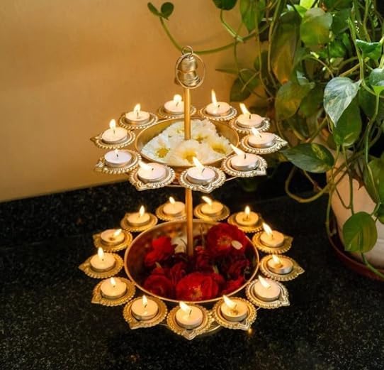 Metal Urli with Multi Diyas – Luxury Two Layer Urli Stand for Diwali, Pooja & Festive Home Decoration, Decorative Metal Urli Centerpiece with Gold Finish for Mandir & Table Decor