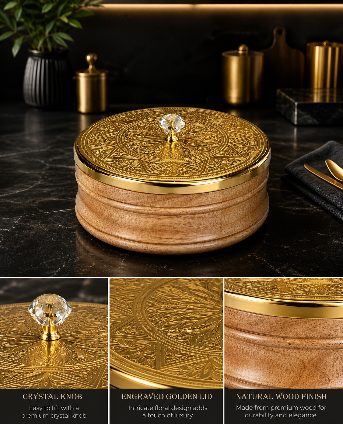 Natural Wood Roti Box with Luxury Designer Lid | Handcrafted Wooden Chapati Storage Container for Kitchen & Dining Table | Premium Bread Keeper and Insulated Flatbread Serving Box for Fresh Rotis