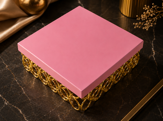 Pink Square Metal Cake Stand with Golden Ring Base – Premium Dessert Display Stand for Cake, Cupcakes, Sweets, Party & Table Decor