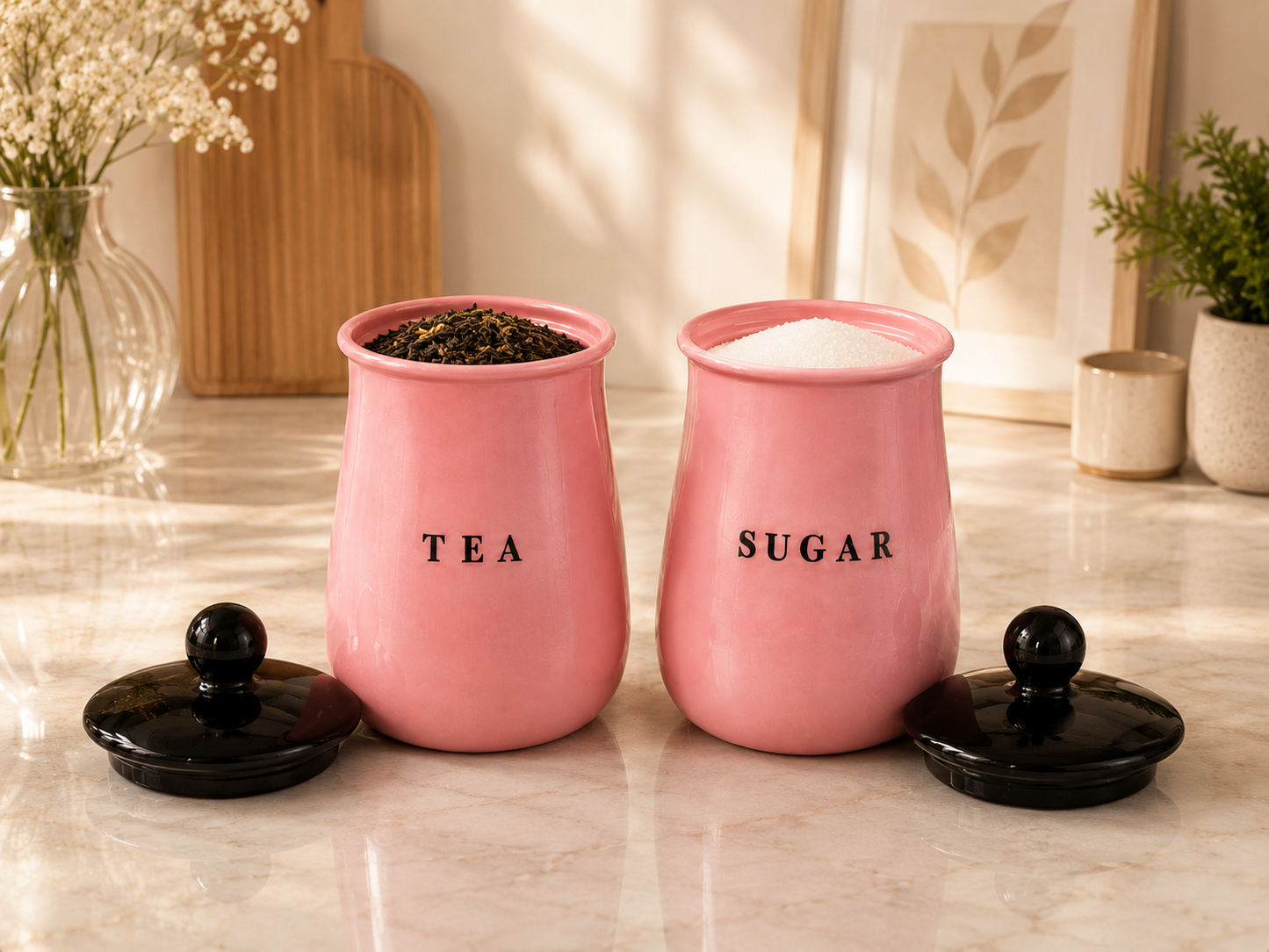 Pink Metal Tea Sugar Container Set with Black Lids – Stylish Kitchen Storage Canisters for Countertop, Pantry & Tea Station