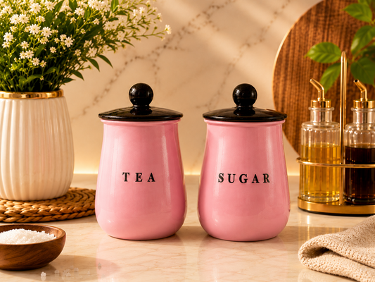 Pink Metal Tea Sugar Container Set with Black Lids – Stylish Kitchen Storage Canisters for Countertop, Pantry & Tea Station
