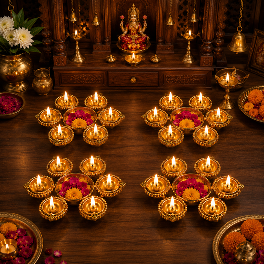 Luxury Golden Metal Diya Urli Set (Pack of 4) | Decorative Flower Urli Bowl with 6 Diyas | Diwali, Pooja & Festive Home Decor