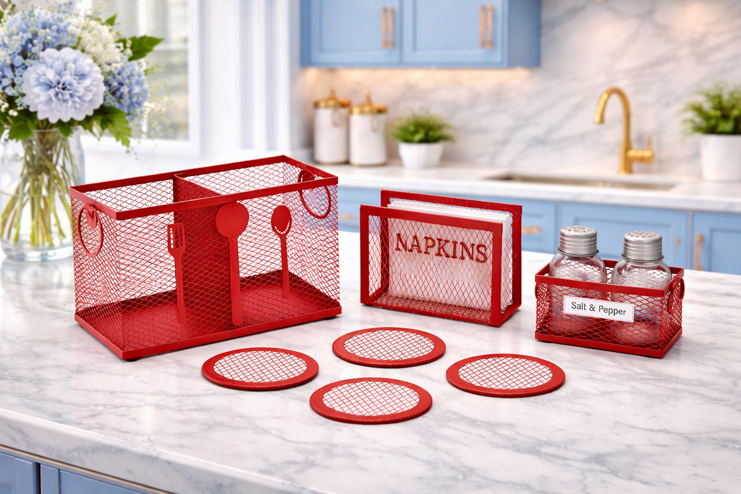 Red Metal Cutlery Holder Set for Kitchen Counter & Dining Table | Mesh Kitchen Organizer Basket with Napkin Holder, Salt Pepper Holder & Coasters | Modern Kitchen Accessories Combo for Spoon Fork Storage