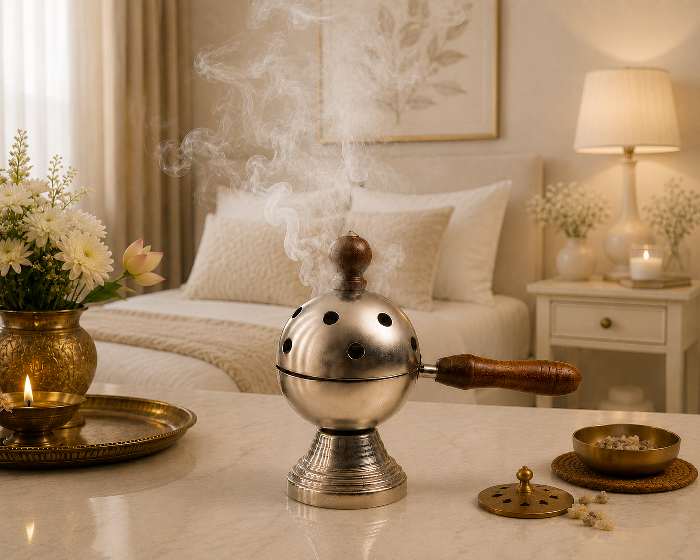 Round Metal Loban Burner with Wooden Handle